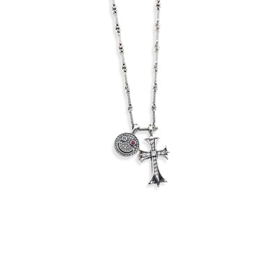CHROME HEART DIAMOND CROSS PENDANT NECKLACE SILVER CHAIN SMILING HEART 